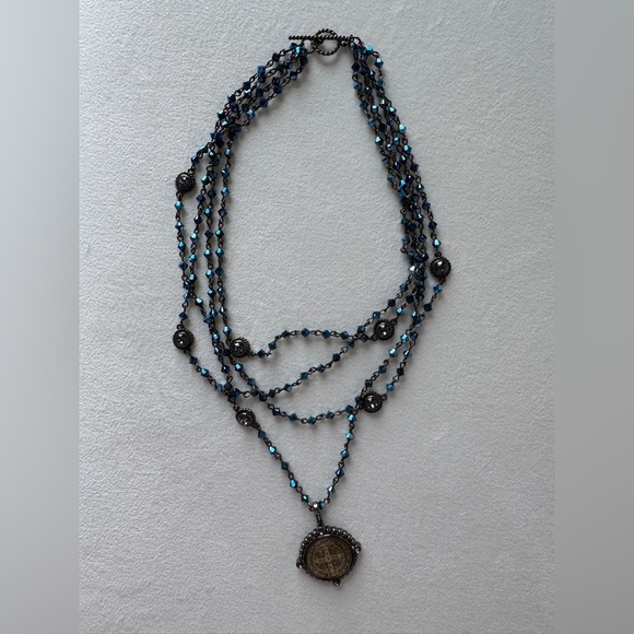 Virgins Saints & Angels Navy Blue and Gunmetal San Benito Medallion Necklace - Picture 6 of 7
